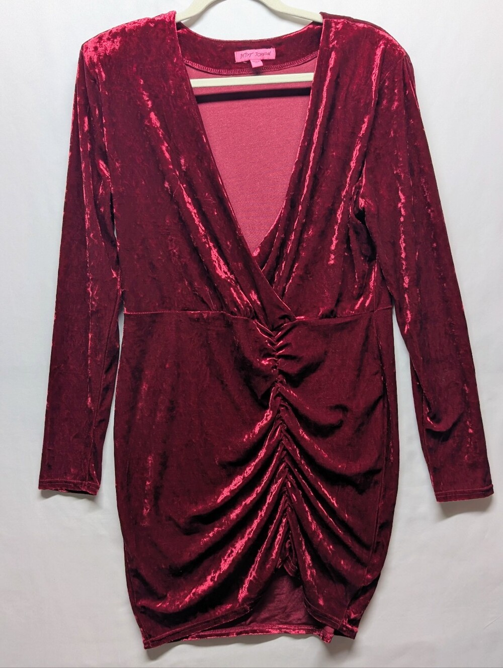 495-Betsey Johnson Wine Red Velvet Ruched Wrap Long Sleeve Dress